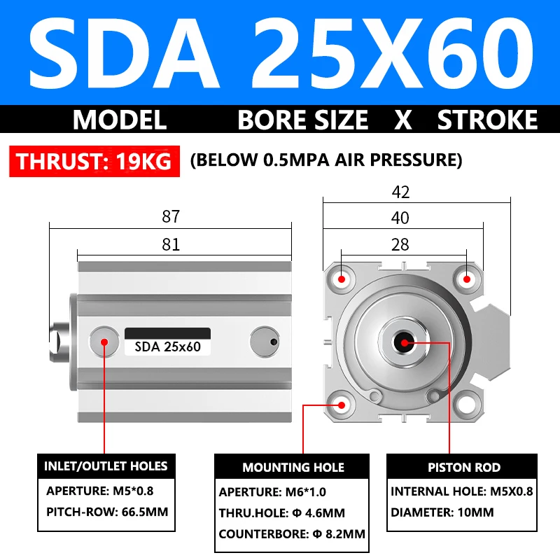 ABILKEEN SDA25X60 SDA Series Thin Air Cylinder 25MM Female Thread Bore X 60MM Stroke Double Acting Pneumatic Compact Cylinder