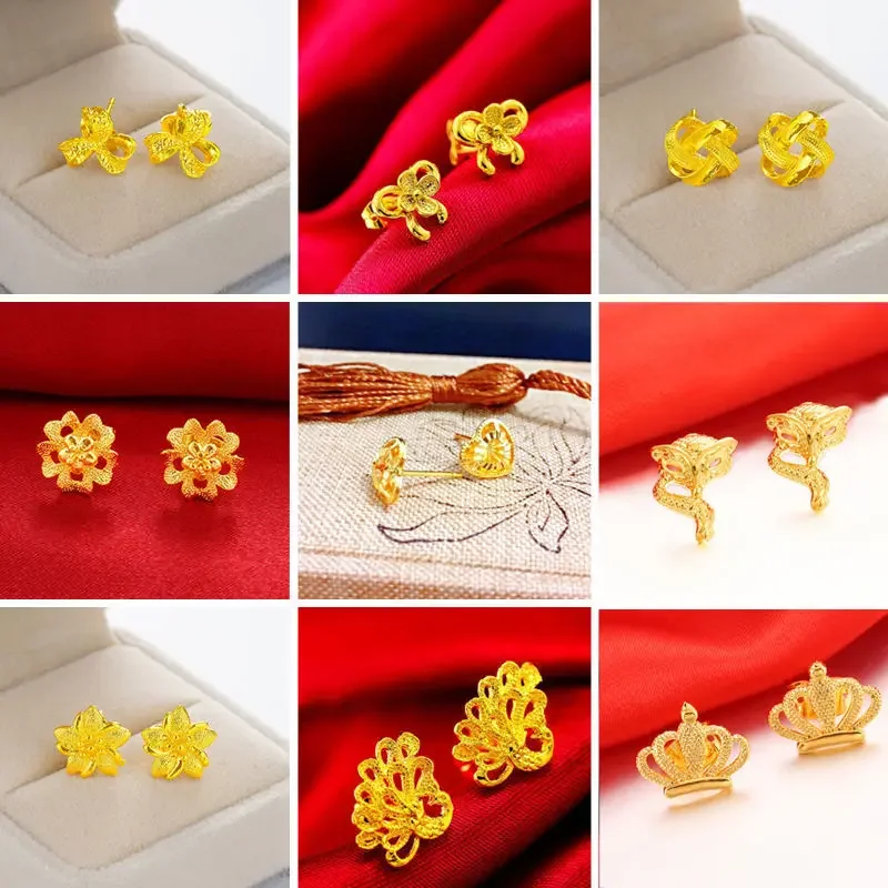 

Imitation 18K Real Gold Plated 999 Flower Stud Earrings for Women Allergy Free Ear Sticks All-Match Petal Peacock Never Fade