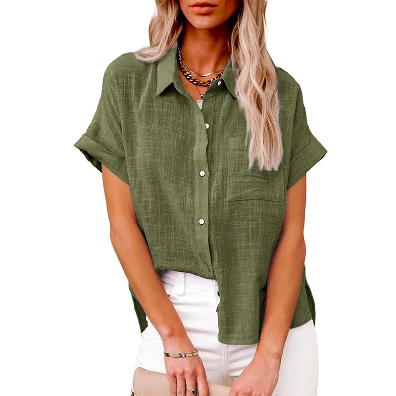 

Summer Women's Solid Cotton Linen Short Sleeved Shirt Casual Ladies Button Down Blouses Tops Women Streetwear