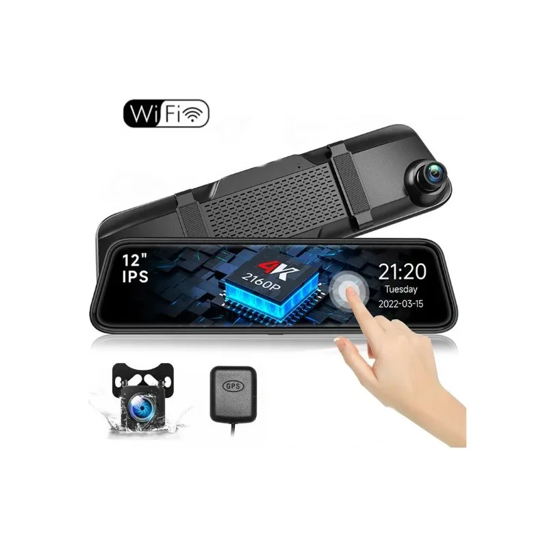 12 Inch HD 1440P WiFi Video Recorder Three Lens Rearview Mirror Dash Cam Full Screen Reversing Image GPS Recording Car Camera