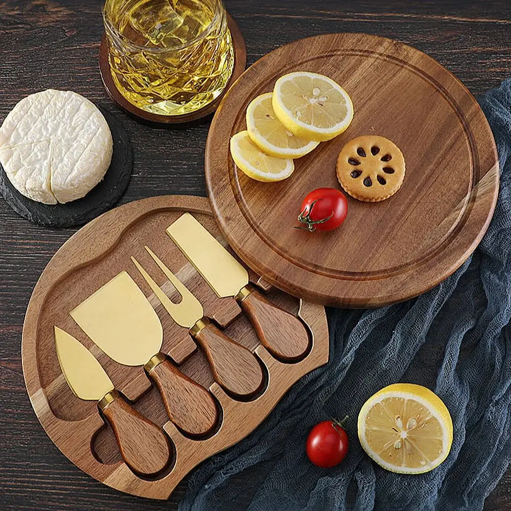 Jaswehome Cheese Board and Knife Set Serving Tray Cheese Cutting Board Acacia wood Round Charcuterie Board With Gift Box