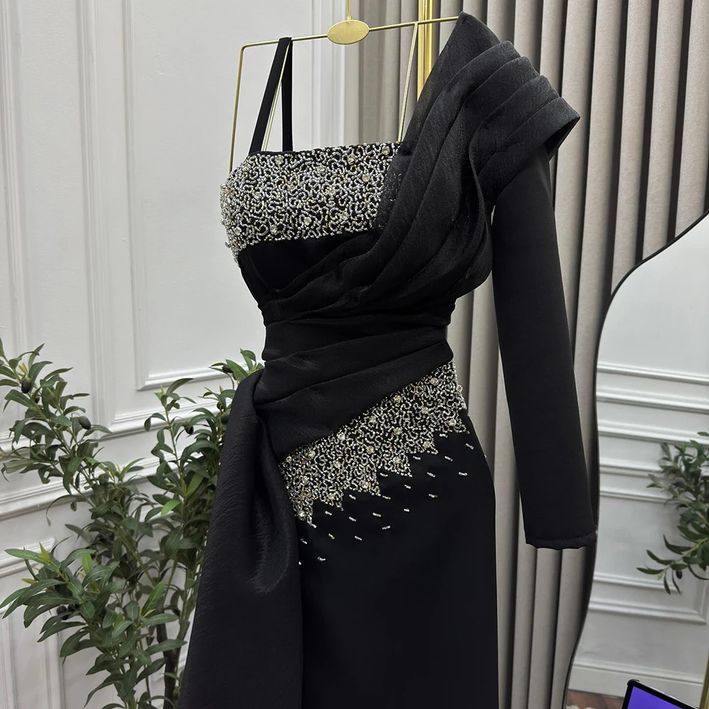 Robe de soirée trapèze personnalisée, longueur au sol, col carré, manches longues, robe de bal, paillettes plissées, dos nu, à la mode