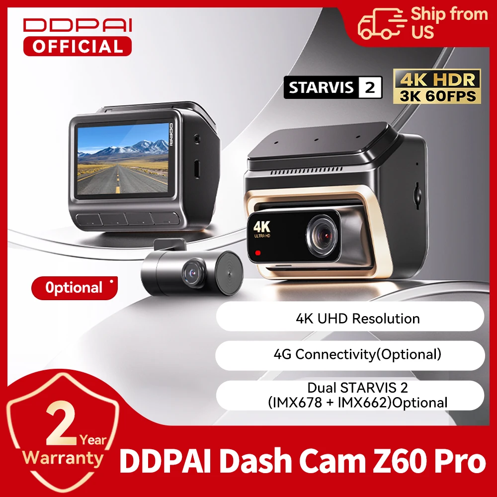【For US】2025 DDPAI 4K Dash Cam Z60 Pro Support Front and Rear Car Camera SONY STARVIS2 678 Sensor 5GHz Wi-Fi GPS ADAS Car DVR