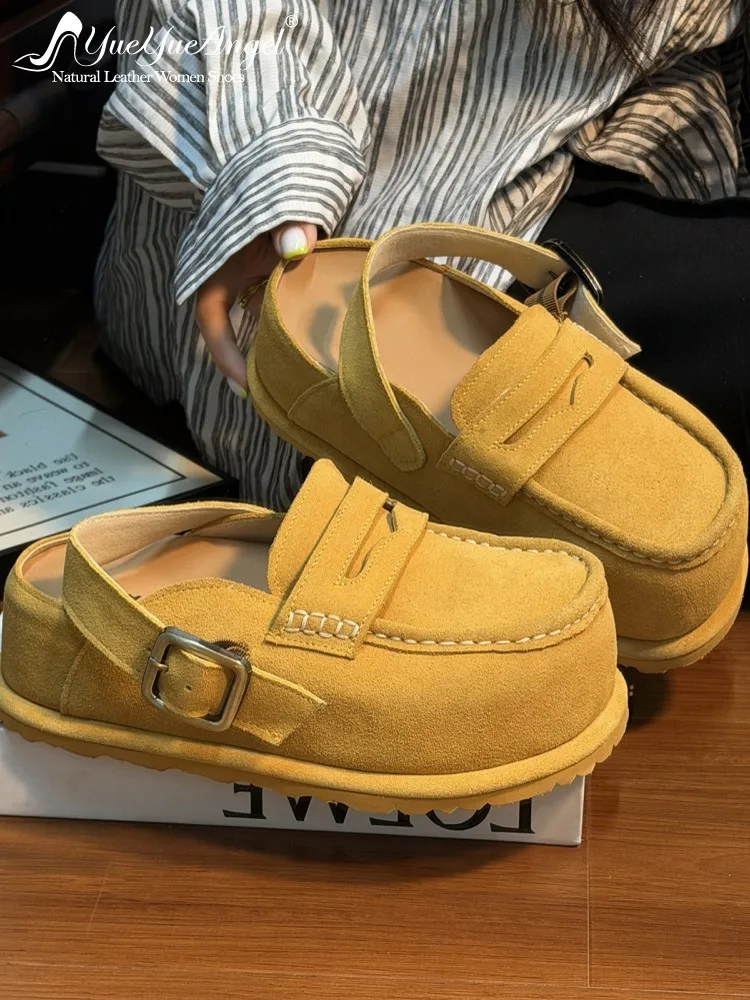 

Summer Women Real Cow Suede Leather Sandals Buckle Strap Close Toe Thick Platform Shoes Vintage Sandals Female Footwear Wedges