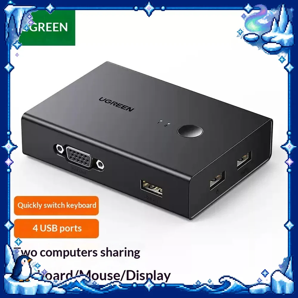 UGREEN CM572 KVM Switch VGA 2 in 1 Out Hotkey Selector for 2 PC Monitor Keyboard Mouse Printer