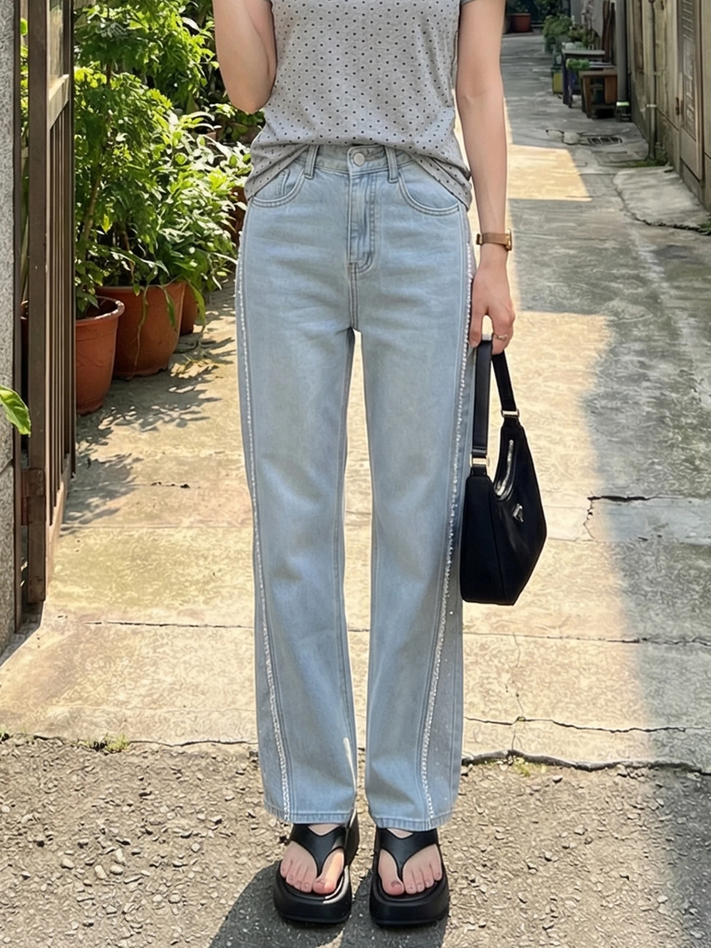 

Washed Denim Jeans Women's Casual Straight Leg Pants Heavy Embroidery Lace Drill Spring Season Versatile Comfortable Fit