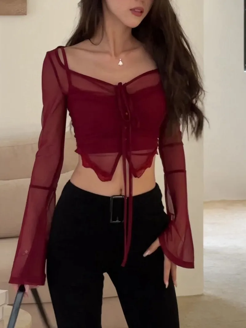 Chemisiers bandage sexy à manches longues pour femmes, chemises en gaze patchwork, voir à travers chemisier rouge, Y2k Crop Y-Summer, 2025