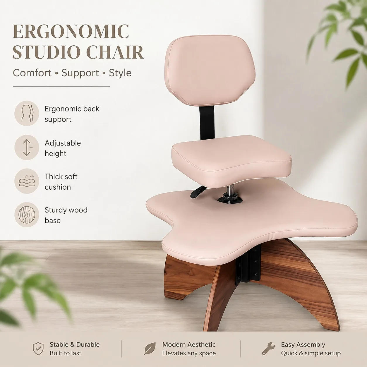 Height-Adjustable Cross-Legged Ergonomic Stool with Backrest – Wooden Knee Chair for Office Posture Support