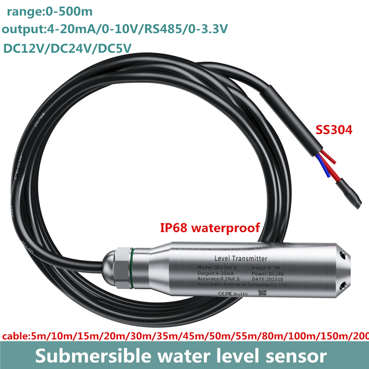 

50m 100m 200m Submersible 4-20mA 0-10v Output Hydrostatic Level Sensor Transmitter Water Tank Liquids Transducer