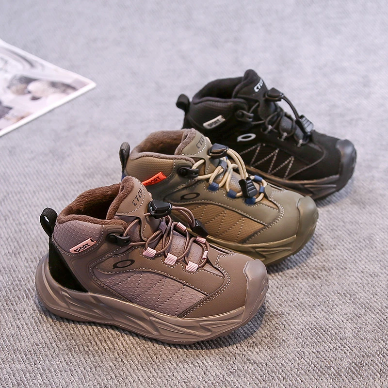 الأطفال أحذية رياضية سحب حبل سميكة لينة وحيد الاطفال حذاء كاجوال الجلد المدبوغ الدافئة 2025 شتاء جديد بنين بنات أحذية رياضية وسيم عصري #5