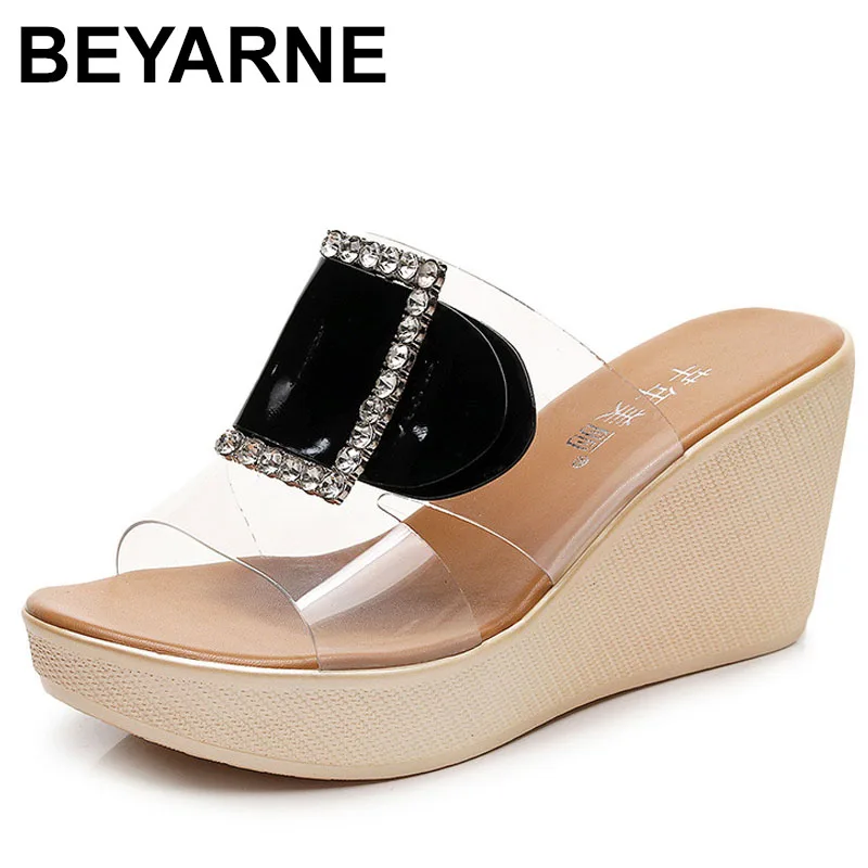 

8 10cm Small Size 32-43 Elegant Bling Silver Gold Wedding Shoes Women Slides Genuine Leather Slippers Block High Heels