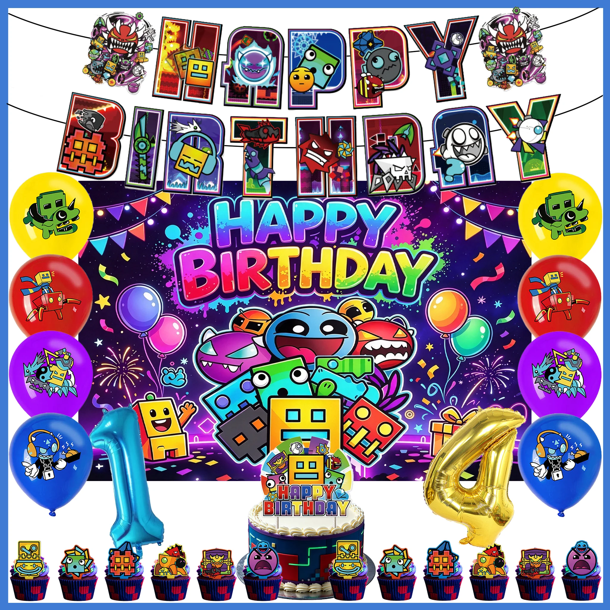 Geometry Dash Theme Birthday Party Decoration Set Backdrop Latex Balloon Banner Cake Topper Baby Shower Supplies Scene Decor