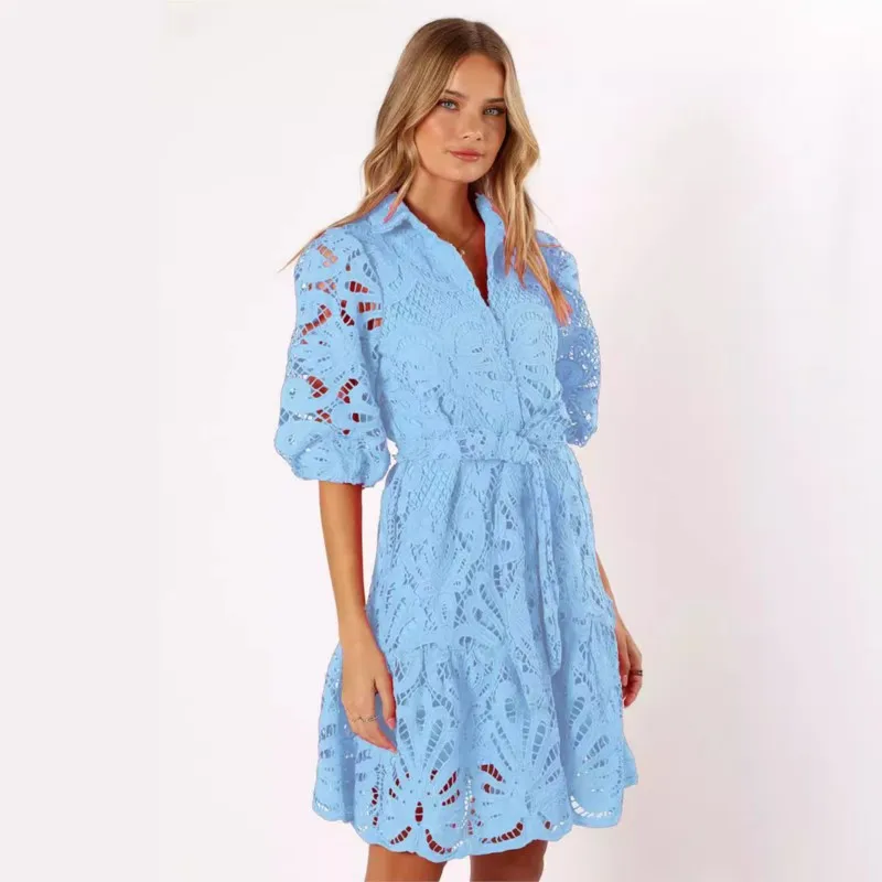 

Y2k Fashion Women's Knee Length Dress Summer Sexy Perspective Lace Dresses Strap Design Ladies Solid Lapel Collar Holiday Dress