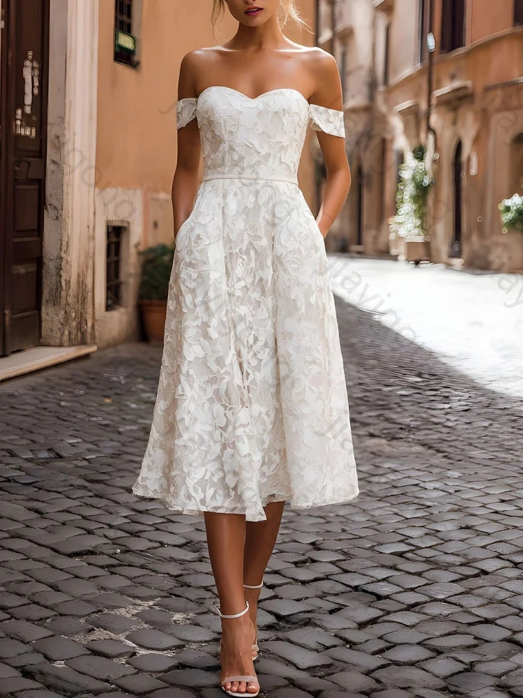 Elegant A-Line Off The Shoulder Lace Midi Wedding Dresses Bridal Dress Exquisite High Quality Prom Party Gown Women Customized