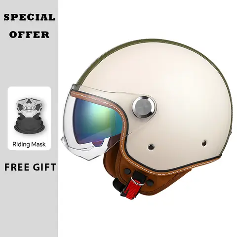 Double Striation Original Motorcycle Helmet Leather Men Open Face Helmet Daul Lens DOT ECE Approved Moto Biker Motorcyclist Helm