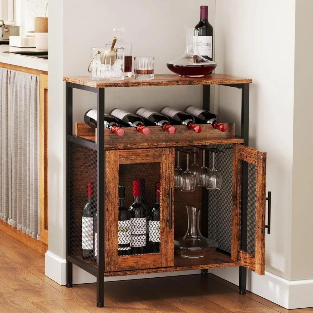 Wine Bar Rack Cabinet with Detachable Wine Rack, Coffee Barwith Glass Holder, Small Sideboard and Buffet Cabinet with Mesh
