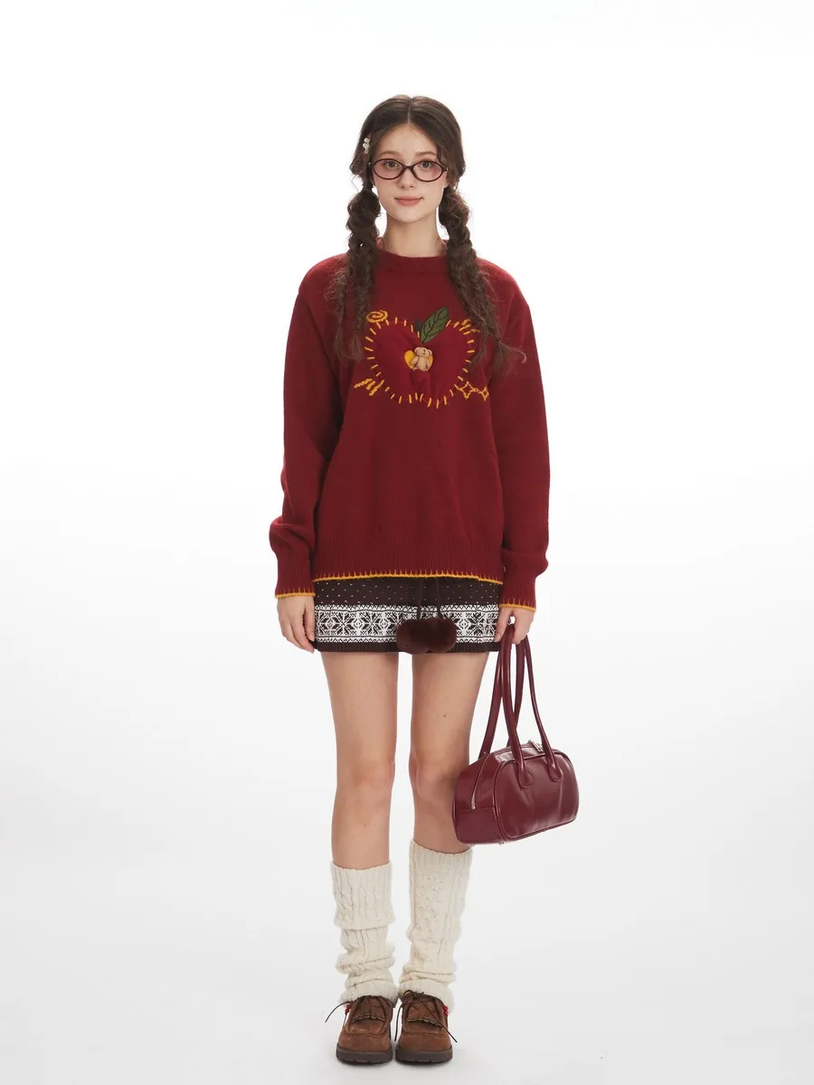 

Loose Cute Embroidery Cartoon Vintage Sweaters Designer Knitted Winter Clothes Pullovers Tops for Women Girls Office Ladies
