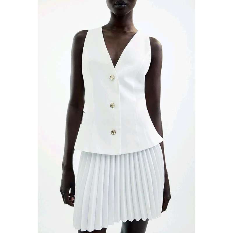 กระโปรงพลีททรงเอเข้ารูปเอวสูงผ้าโพลีเอสเตอร์สำหรับผู้หญิงฤดูร้อน ติดกระดุมเม็ดเดียว คอวี