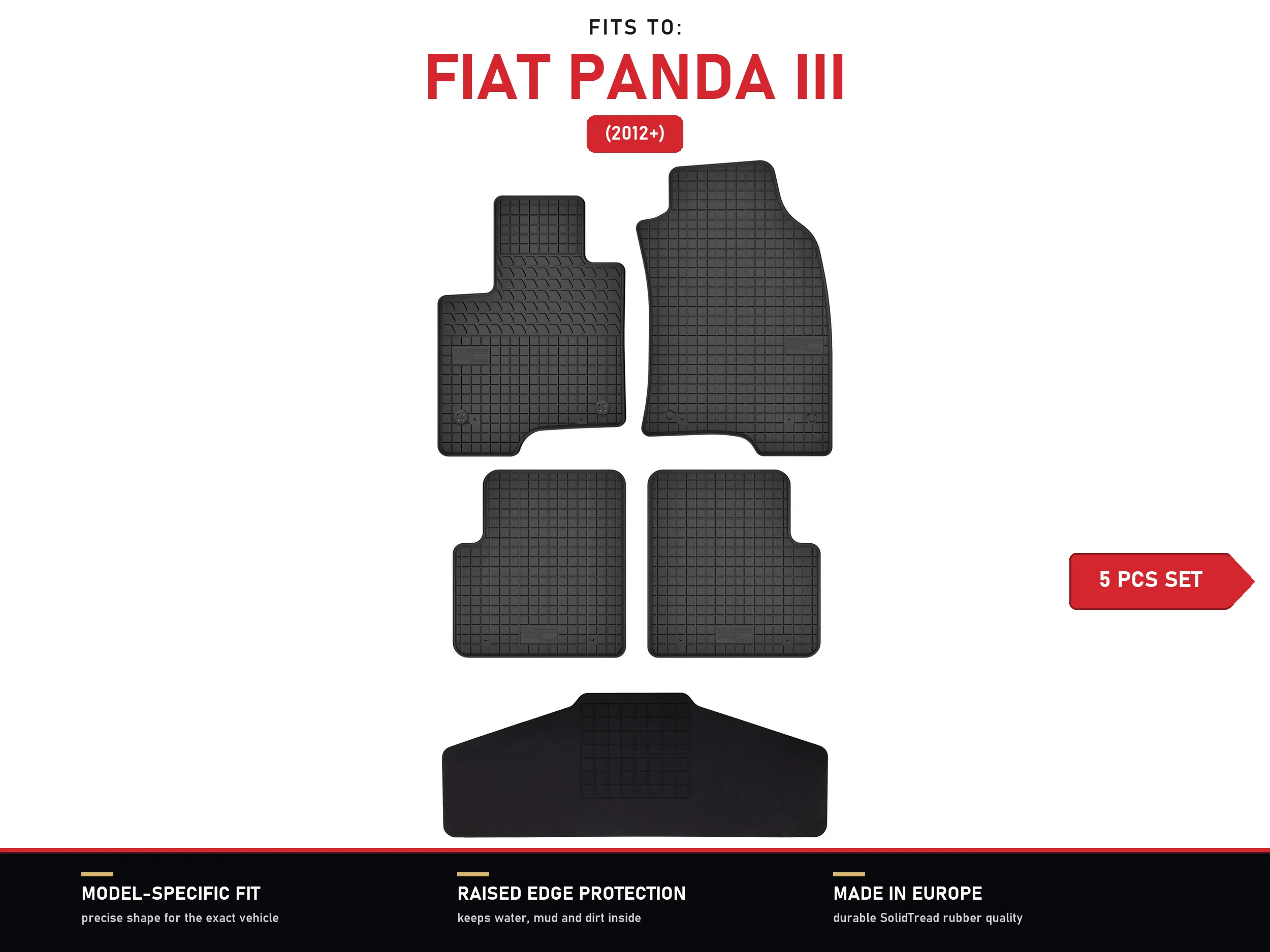 Tapis en caoutchouc avec tunnel pour : Fiat Panda III 2012- 5 pièces