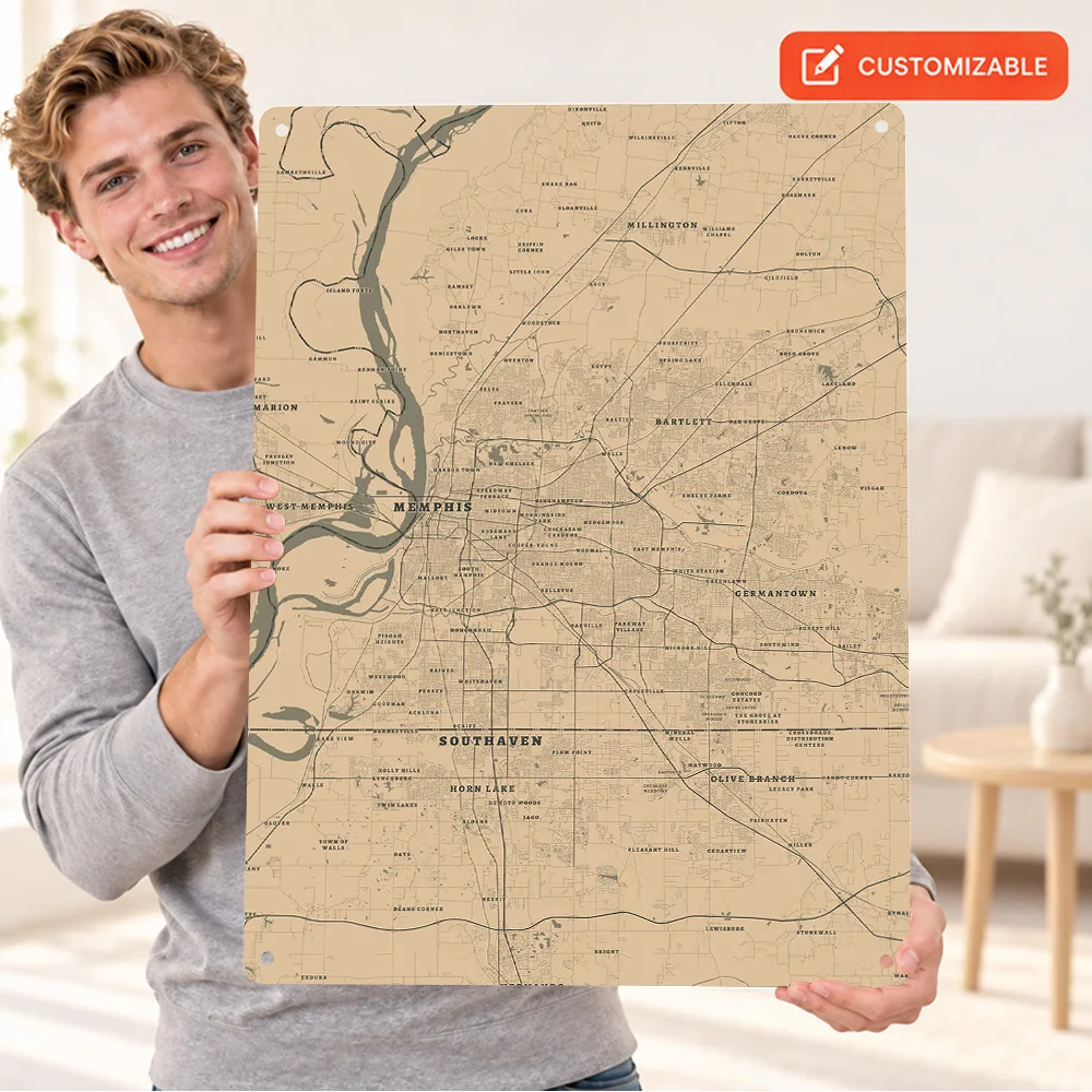 Memphis Tennessee Map Aluminum Poster Personalized Metal Sign Vintage Cartography Wall Art For Study Geography Enthusiast Gift