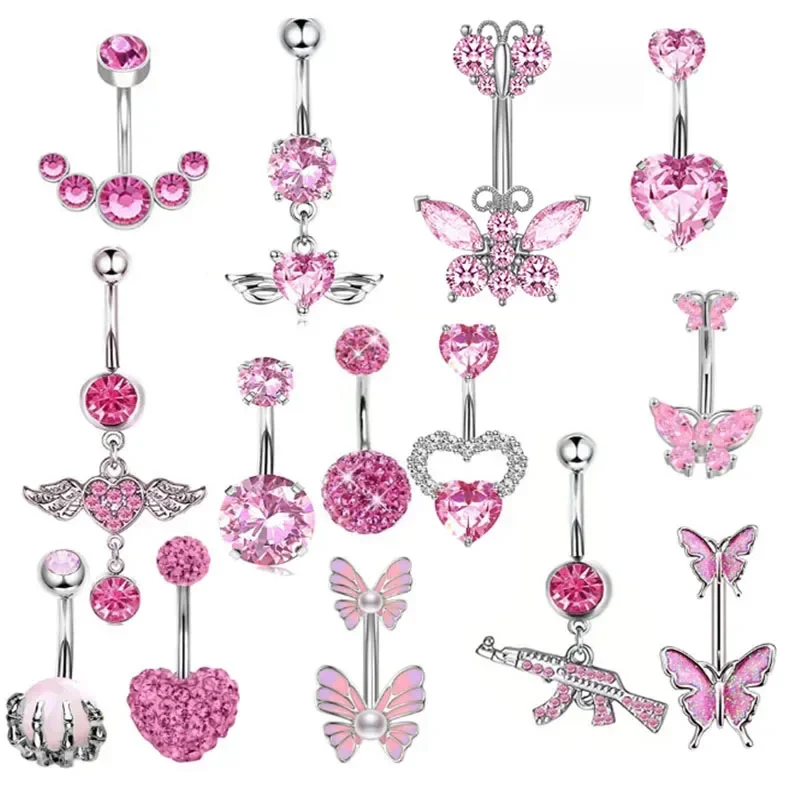 Pink 14G Stainless Steel Butterfly Navel Belly Button Rings Women Fashion Heart Belly Button Ring Piercing Body Piercing Jewelry