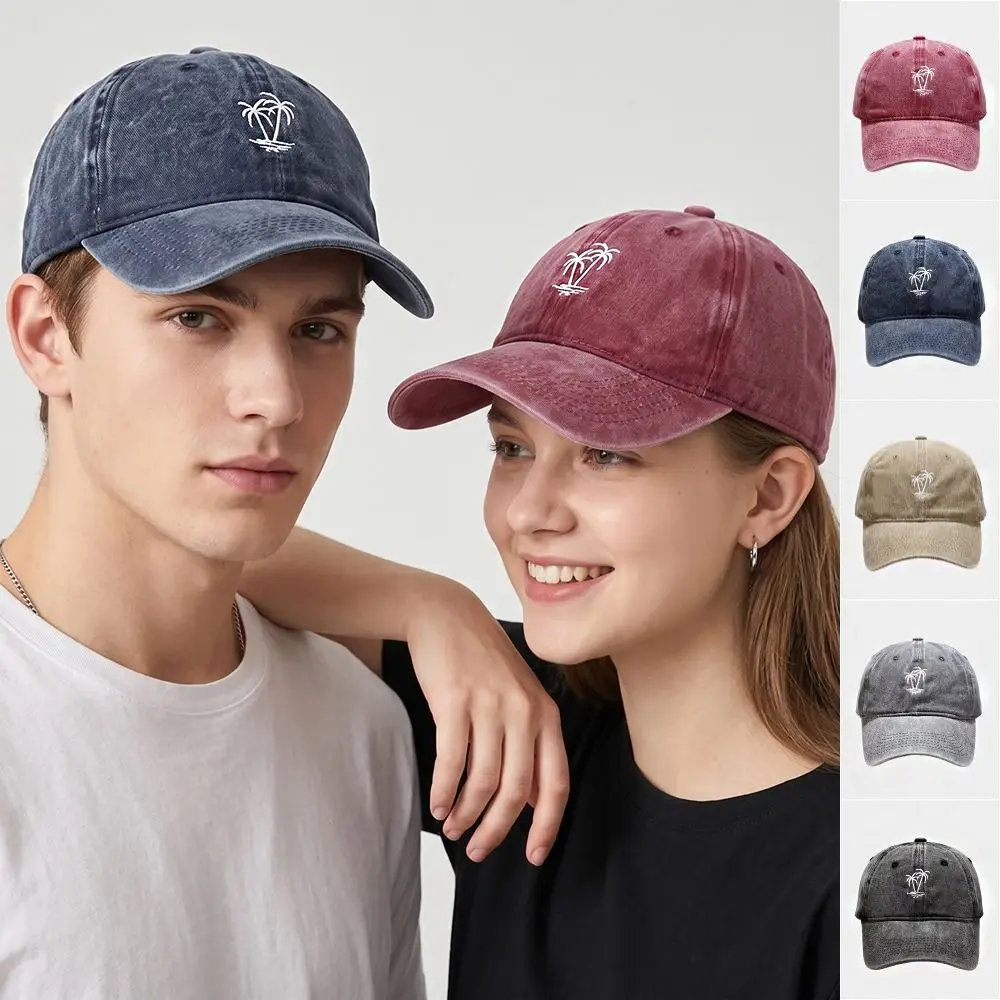 Casual Soft Top Embroidered Coconut Tree Baseball Cap Thin Retro Washed Cotton Baseball Cap Sunscreen Peaked Cap Shade Hat Men