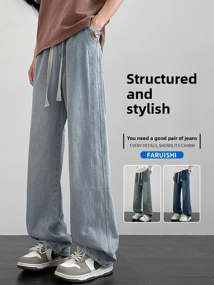 

Новые мужские повседневные джинсы свободного прямого кроя 2026 года, универсальные широкие брюки для весны и осени, модные молодежные брюки из смесового хлопка от трендового бренда