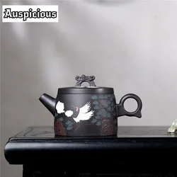 190ml Yixing Purple Clay Teapots Handmade Pine Crane Longevity Pot Raw Ore Black Gold Sand Kettle Infuser Chinese Zisha Tea Set
