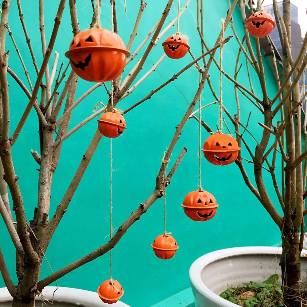 

﻿ 8 PCS Halloween Pumpkin Shaped Jingle Bells 1.6 inch Lantern Face Design for Christmas Tree Decor DIY Crafts ﻿