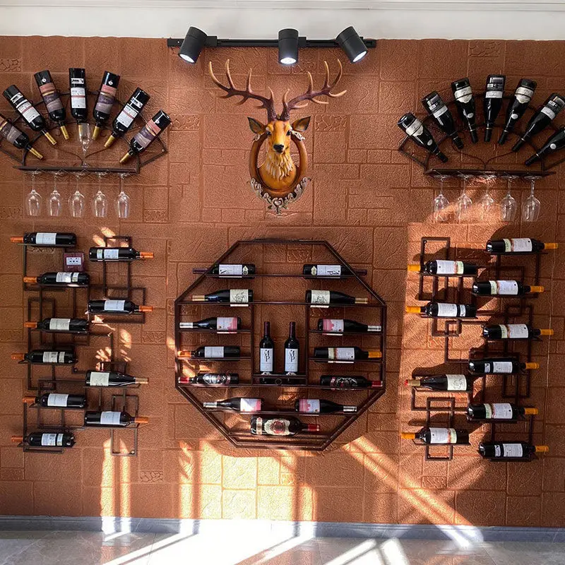 

Customized European Style Red Wine Rack Wall-Mounted Simple Modern Iron Art Wine Cabinet Wall Hanging Bar Wine Decoration Displa