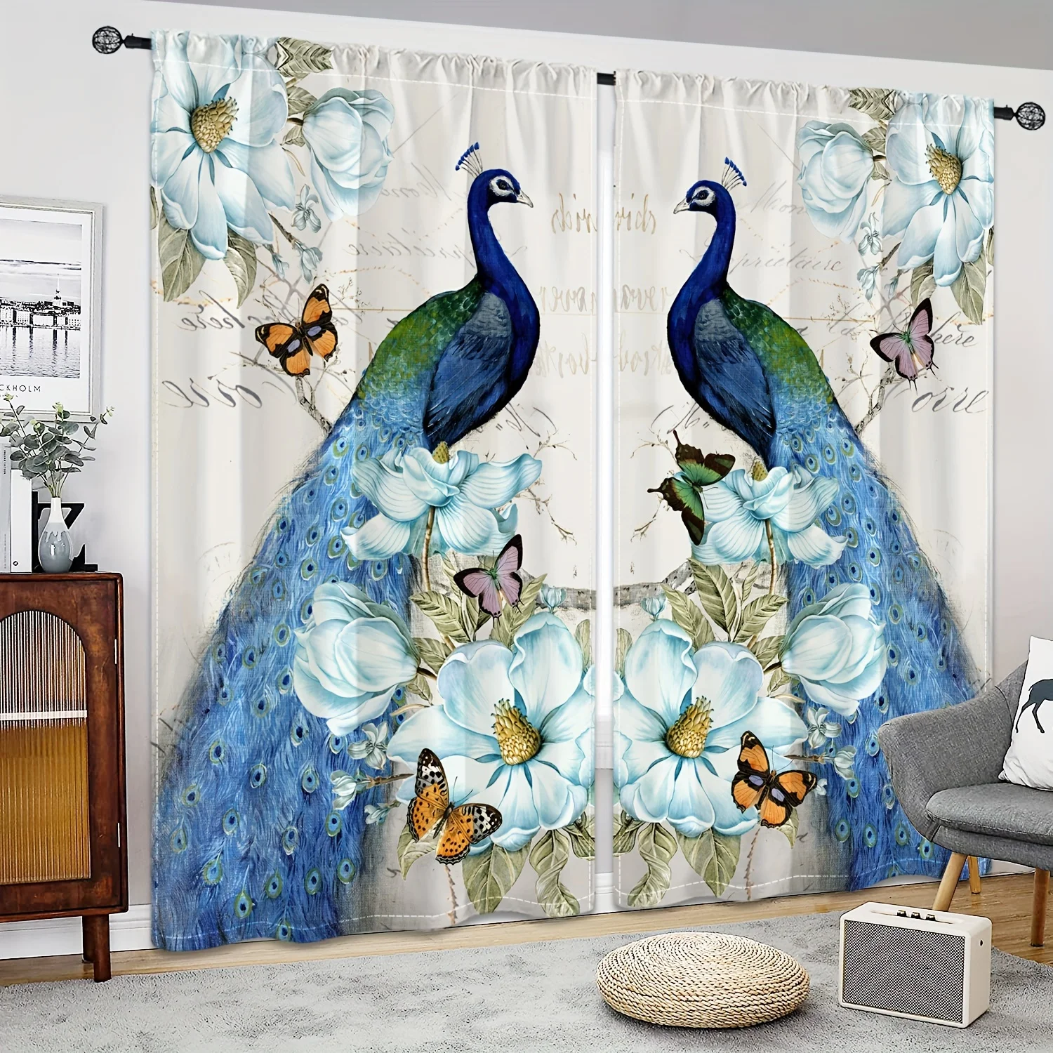 

2pcs Vintage Garden Green Vine Flower Peacock Digital Printed Curtains Rod Pocket Curtains Bedroom Kitchen Study Office