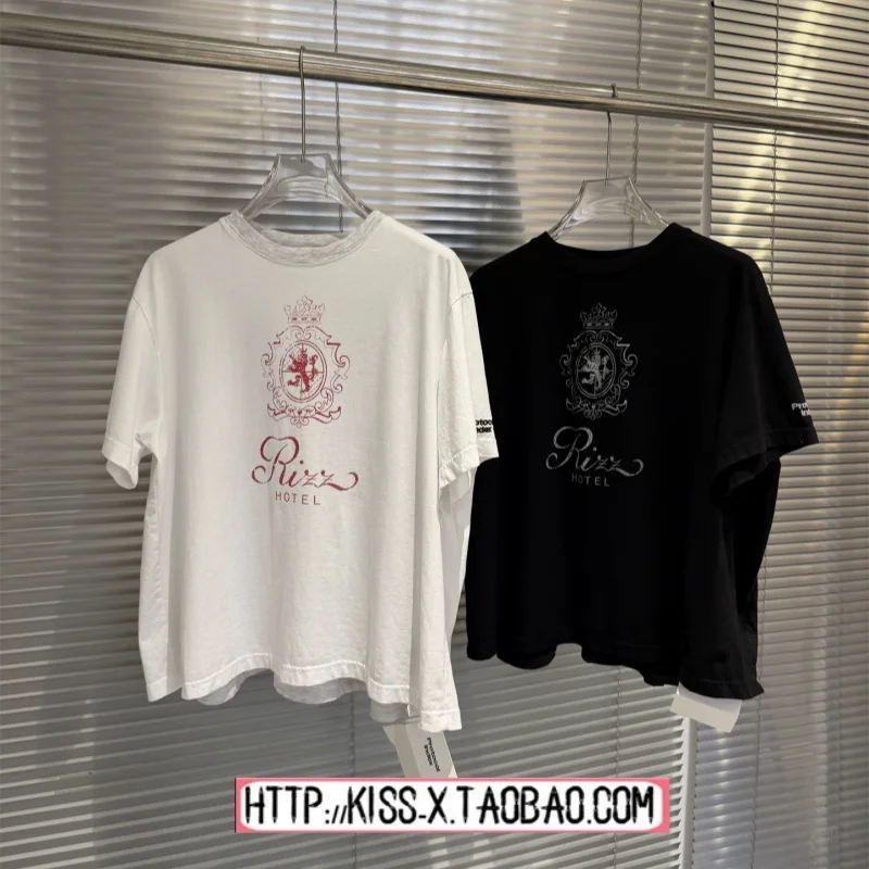 2026 Summer New Style Protocol Index Retro Four Sleeve Splicing Crown Print Couple Short Sleeve T Shirt Skin Friendly Breatha...