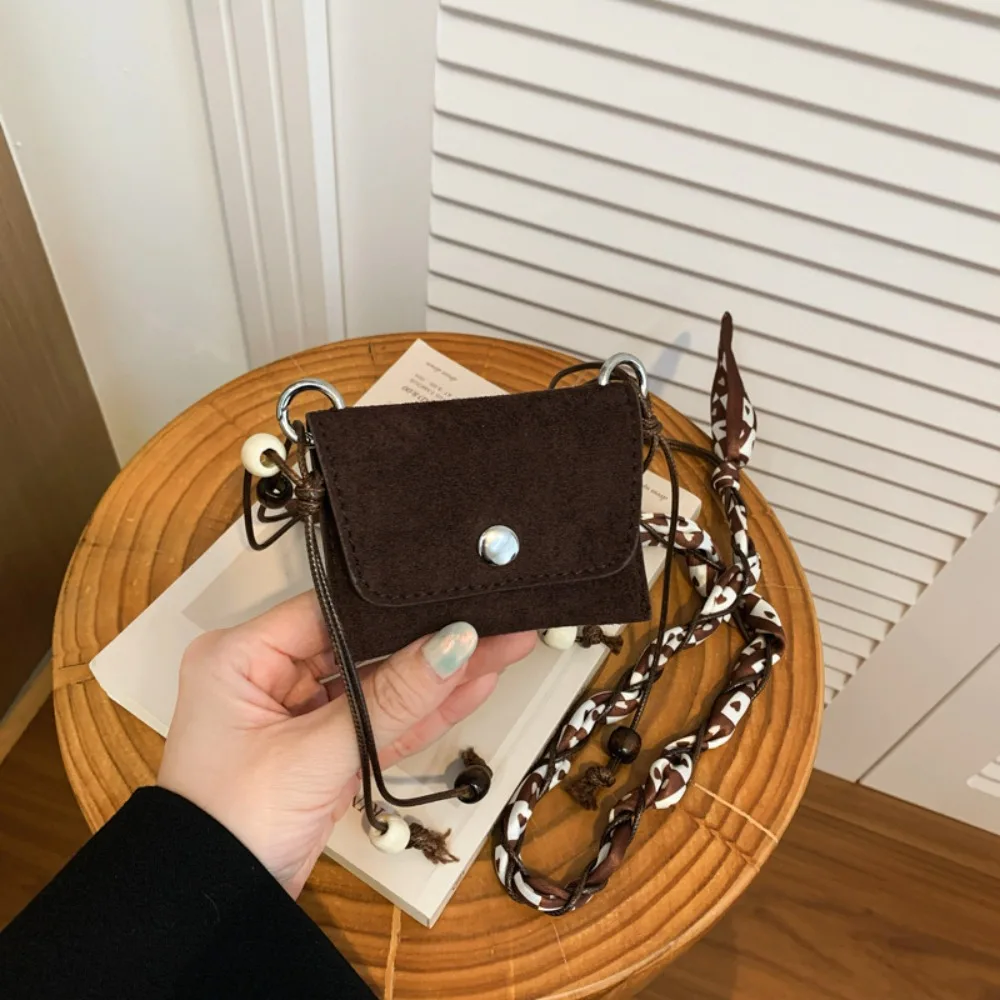 

Silk Scarf Suede Crossbody Bag Beads Shoulder Pouch Hanging Neck Bag Small Purse Pu Leather Square Mini Bag