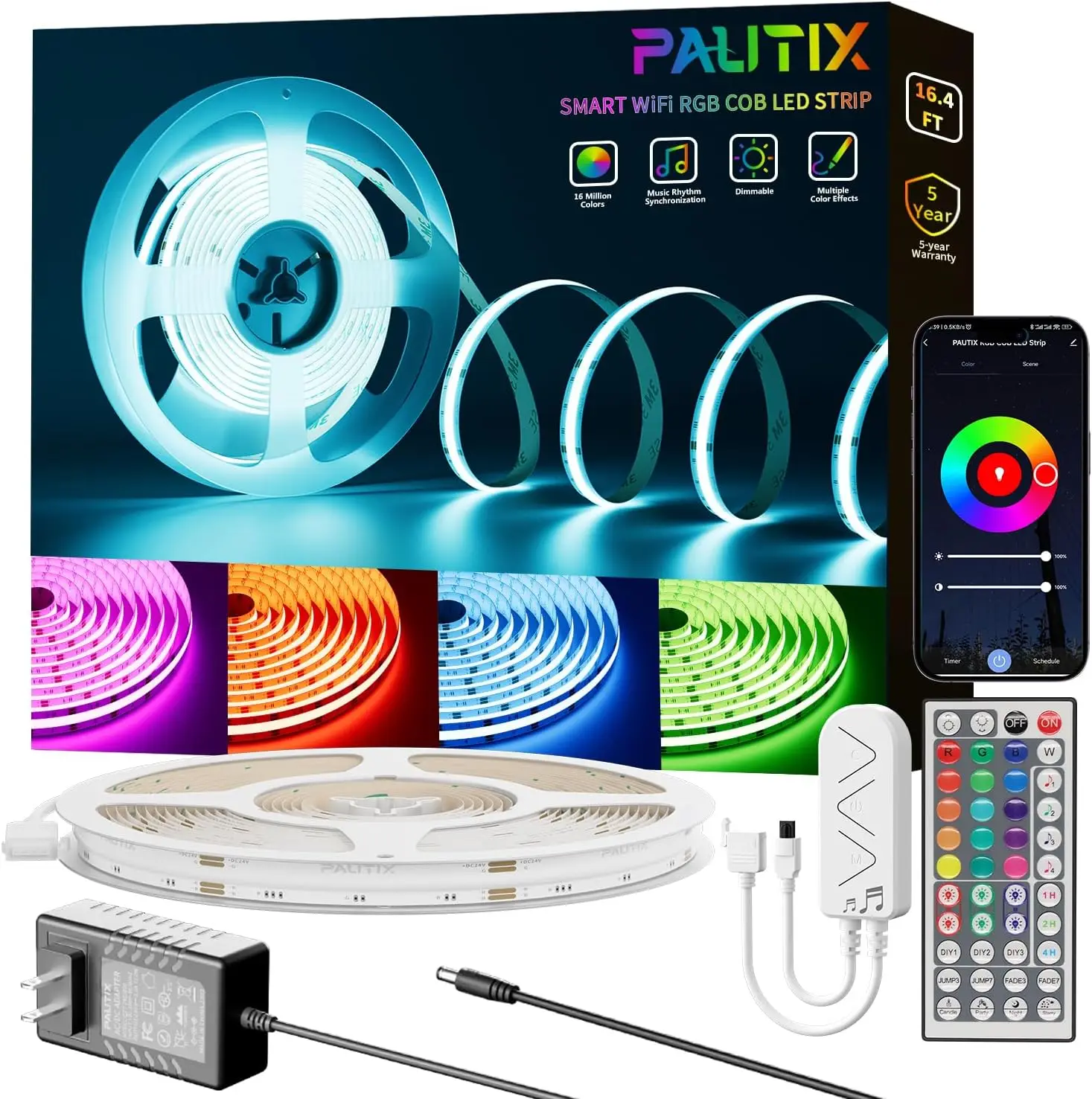 PAUTIX DC 24V 5m COB RGB LED Strip Light Kit Smart WiFi Alexa Voice Control 840LEDs High Density RA90 Flexible Linear LED Tape