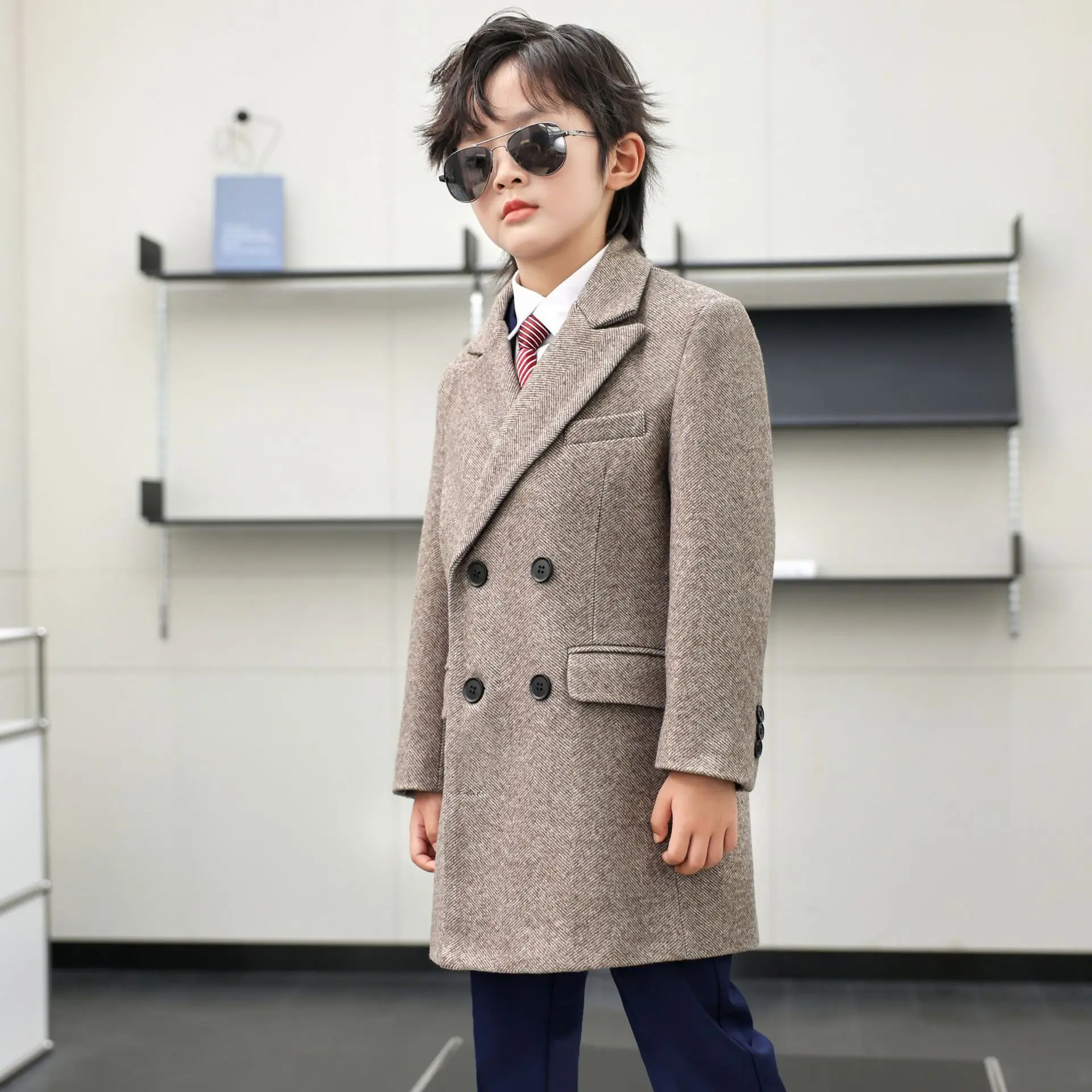 Boys Girls Windproof Outdoor Long Jacket Children Winter Warm Wool Coat School Kid Fromal Birthday Party Photography Woolen Coat