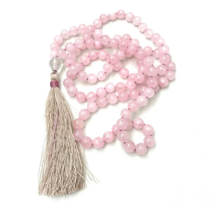 6mm Rose Quartz and Clear Quartz Mala Necklace Knot Pink Mala Zen Spiritual Seekers Sacred wear Tranquility Wood Yoga Yoga