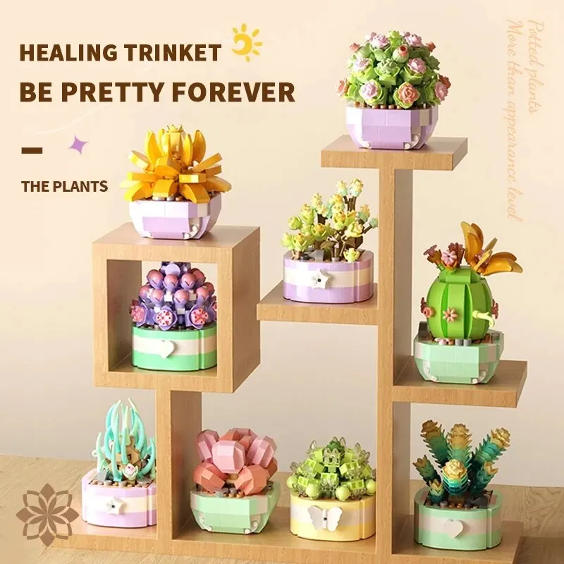 Succulent Potted Plant Building Blocks Romantic Flower Bonsai Assembly Model Bricks Desktop Decoration Kids Toys Holiday Gifts