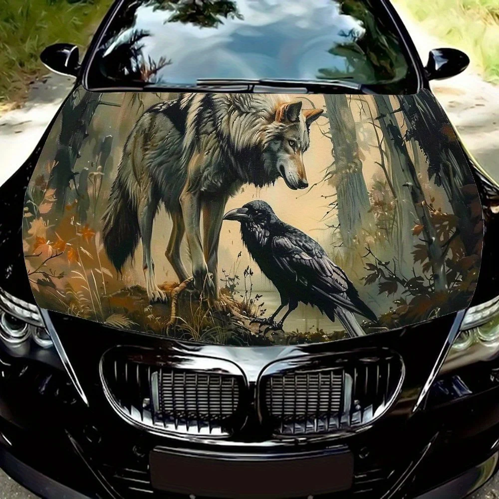 

Harmonious Forest Wolves and Crows Car Vinyl Wrap, PVC Waterproof Car Hood Sticker, Self-Adhesive Scratch-Resistant Stickers for