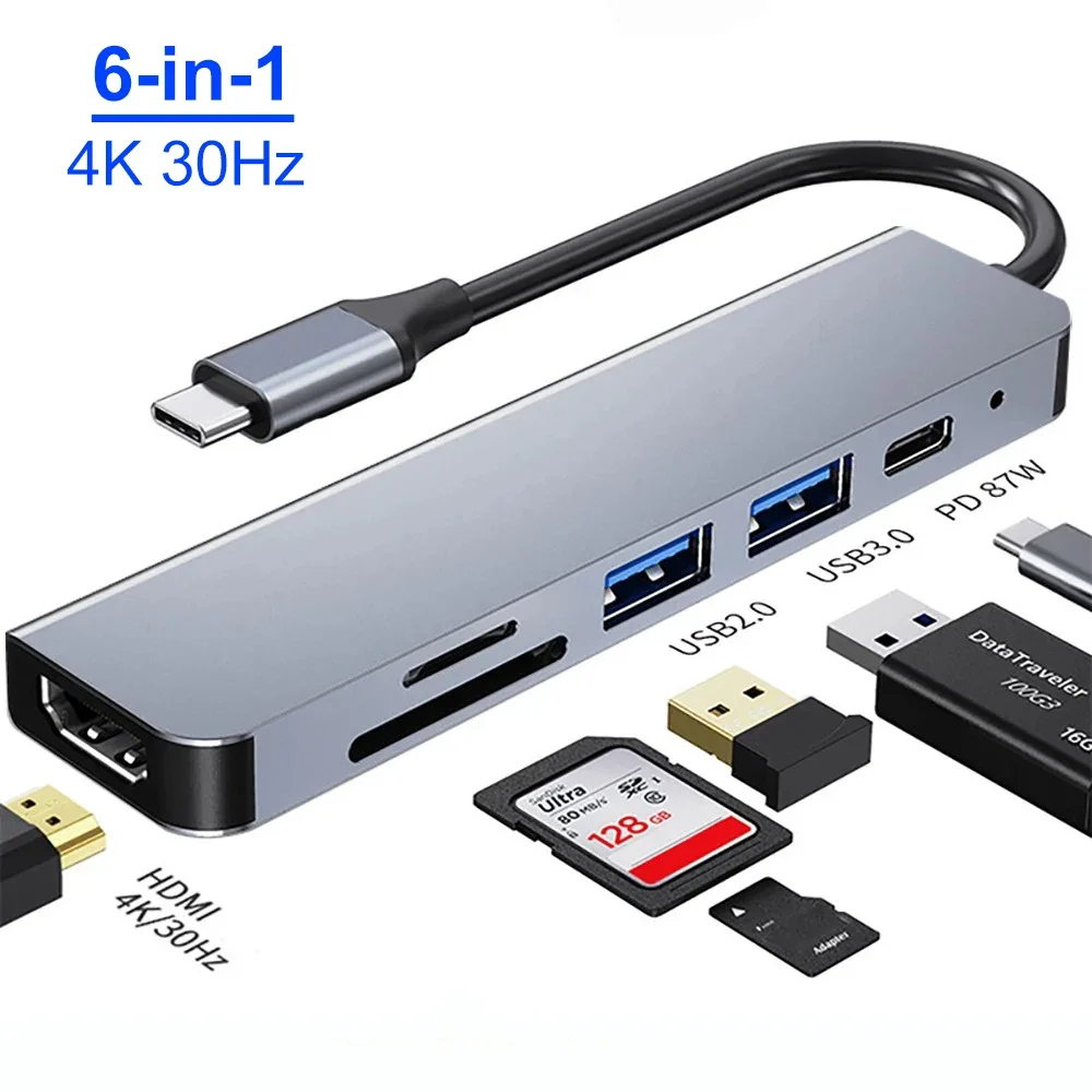 

6-in-1 USB C HUB 4K 30Hz Type C to HDMI-compatible Adapter PD 87W USB Splitter USB Adapter For Macbook Pro USB3.0 HUB TF SD Mul