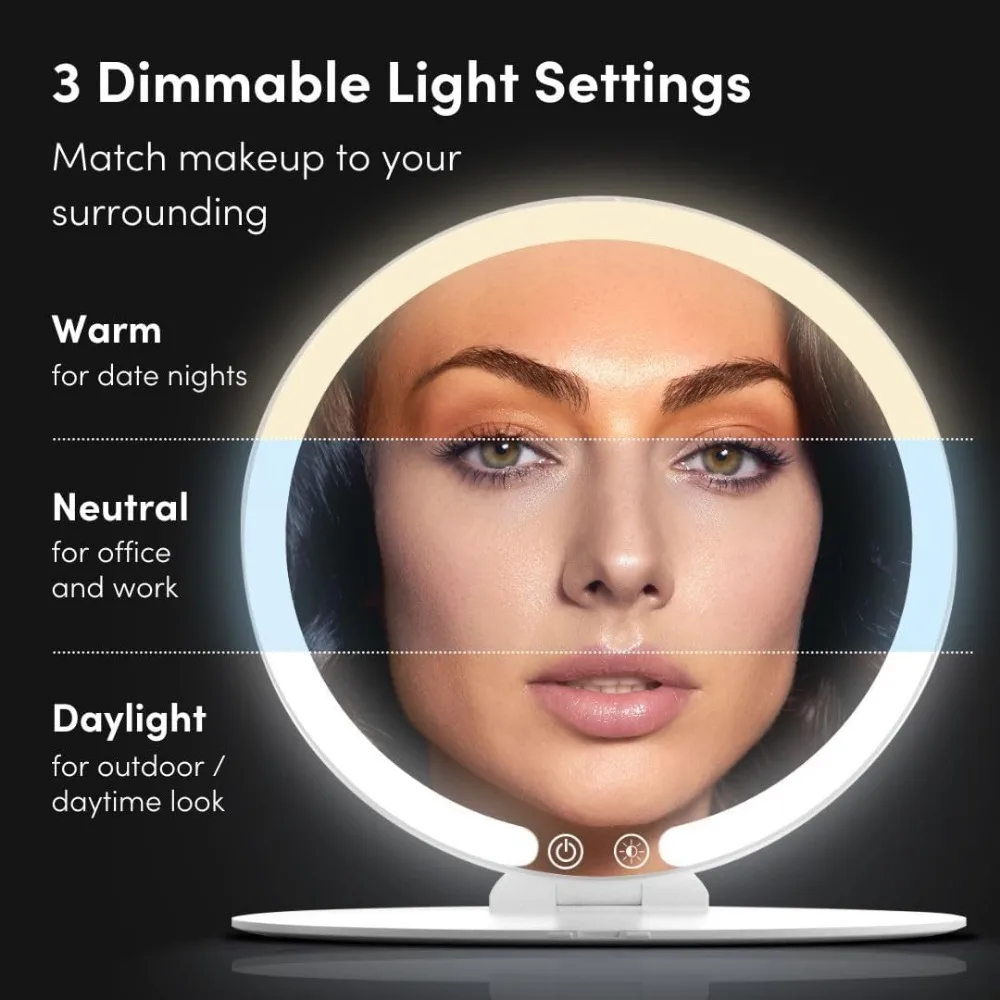 Rechargeable LED Travel Makeup Mirror with 3 Color Lights, Foldable Stand, Dimmable & Lightweight for Portable Vanity