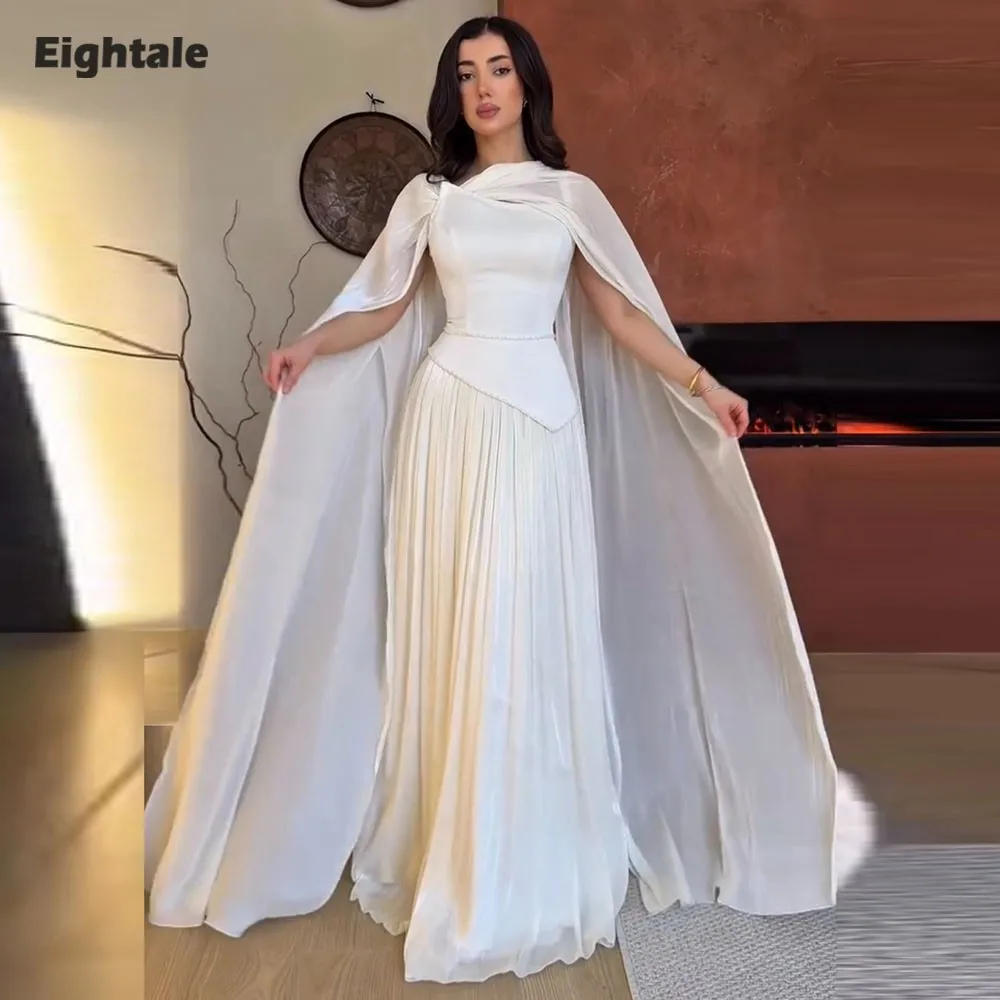 

Eightale Modest Evening Dress Customized Pleats Beaded Pleats Floor Length Cape Elegant Crepe Prom Wedding Party Gown