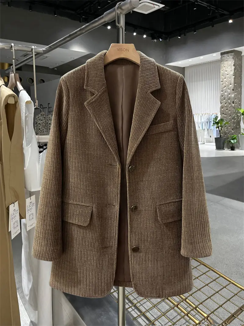 

Corduroy Solid Color Suit Coat Women's Leisure Autumn And Winter New Single Breasted Trend Versatile Straight Blazer Top T1293