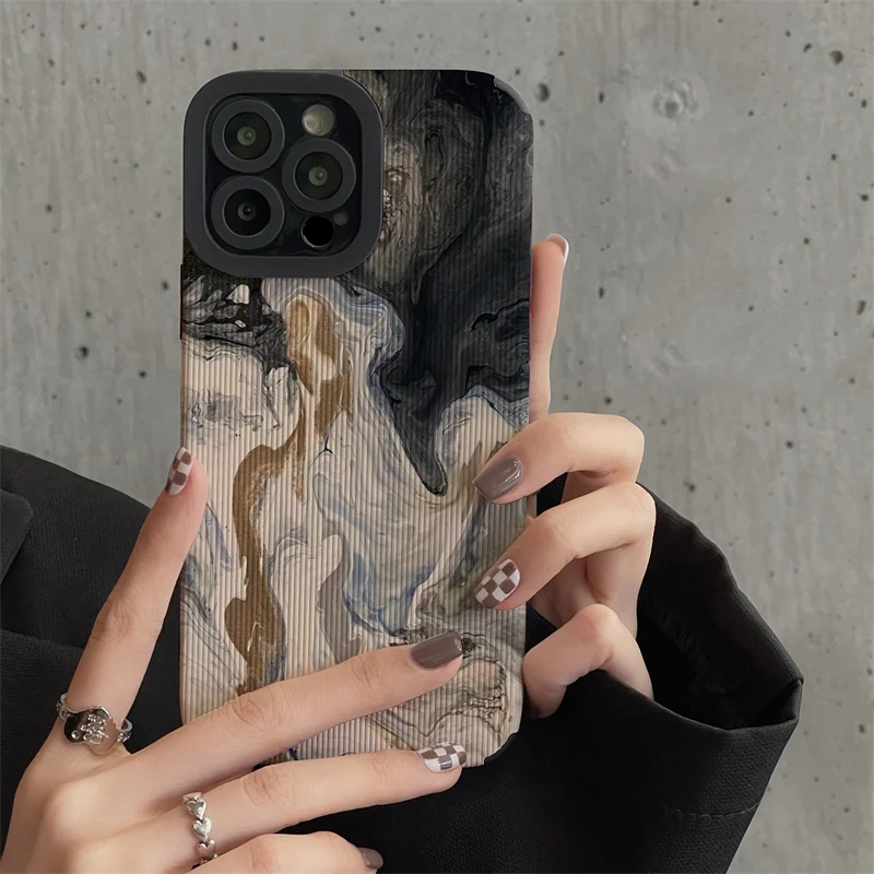 Ins Black Style Gradient Watercolor Marble Phone Case For iPhone 13 14 12 Max 11 15 Pro Max Shockproof Soft Silicone Back Cover