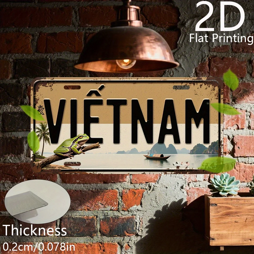 Placa de Alumínio Plana 2D Vintage Rústica com Silhueta de Sapo e Cenário da Baía de Halong, com a inscrição 'VIETNAM', para Decoração de Parede do Sudeste Asiático