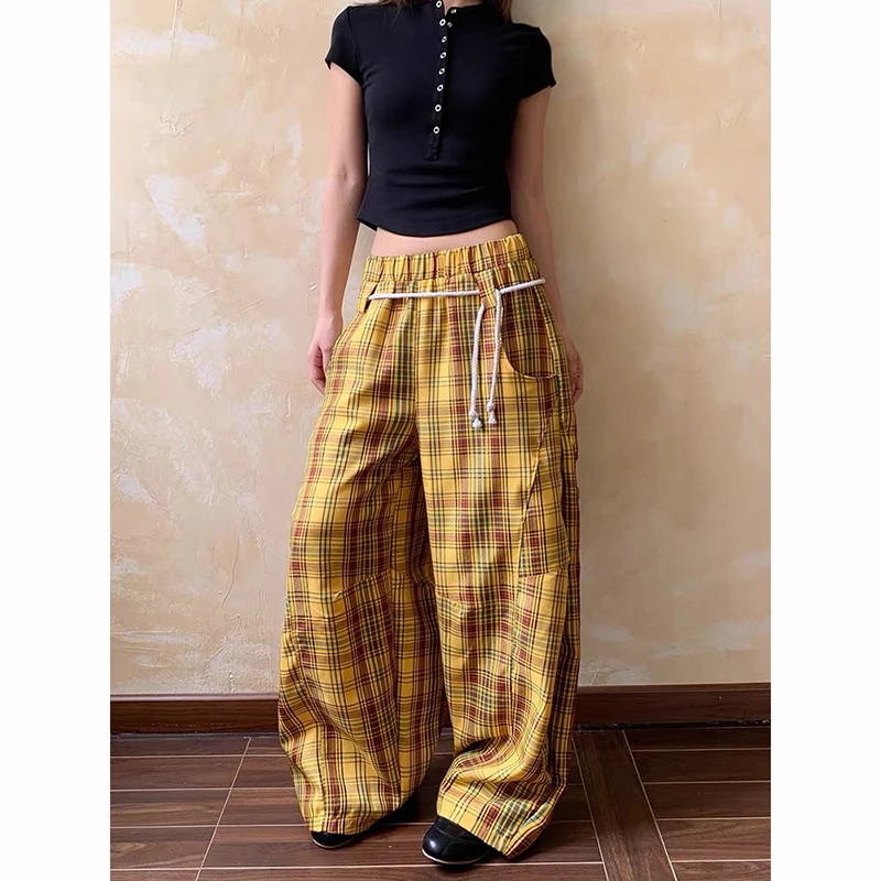 المرأة خمر الأزرق منقوشة السراويل الفضفاضة 2025 الخريف عادية Harajuku الجمالية 2000s Y2k عالية الخصر واسعة الساق السراويل كبيرة الحجم