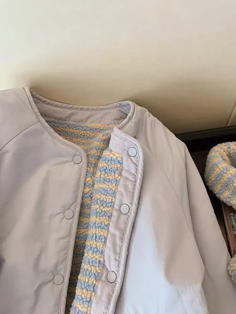 블루 램 울 양면 면 의류, 여성용 겨울 2025 신상 캐주얼 따뜻한 숏 코트