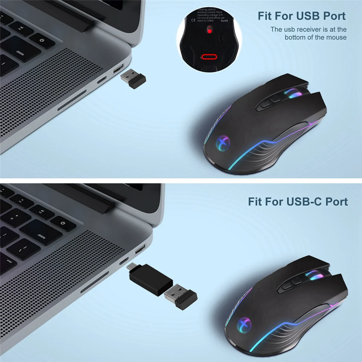 2X Wireless Mouse Mouse Jiggler Mouse Mover LED Rechargeable 2.4G Mause Ergonomic Mini Mouse USB Optical Mice 1600 DPI