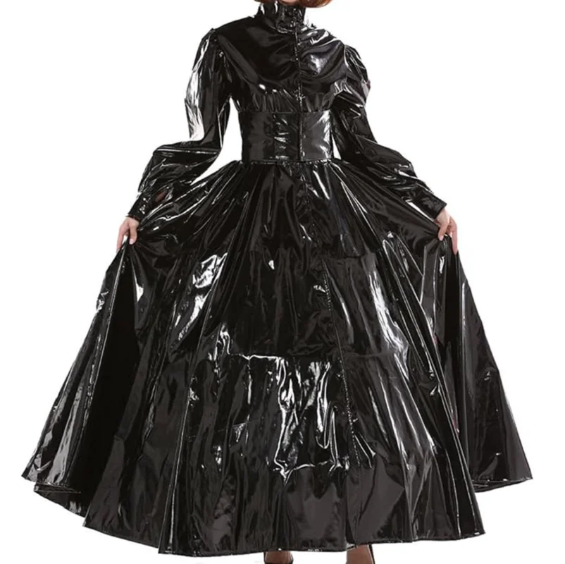 French Sexy Adult Custom Fetish Cross Dressing Sissy Black Glossy PVC Waist Tied Long Sleeved Gothic Dress