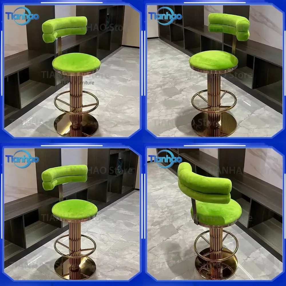 High Back Bar Chair for Italian Light Luxury Style Stainless Steel Metal High Stool for Restaurant Island Rotating Velvet