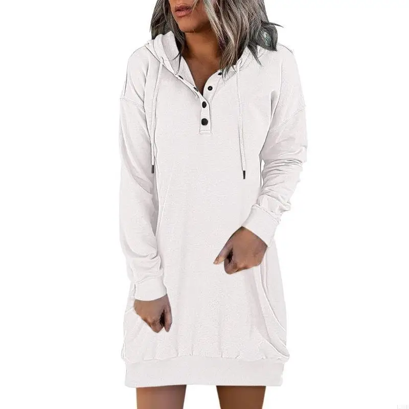 

L38E Women Everyday Hoodie Dress Long Sleeve Pullover Pockets Drawstring Adjustable Tops for Casual Occasion and Styles
